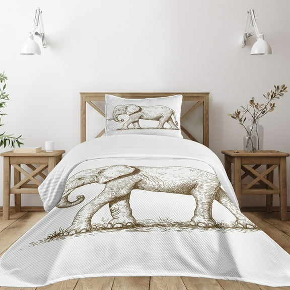 Ambesonne African Quilted Bedspread Set 2 Pcs, Savannah Wild Animals Art, Twin Size, White and Brown