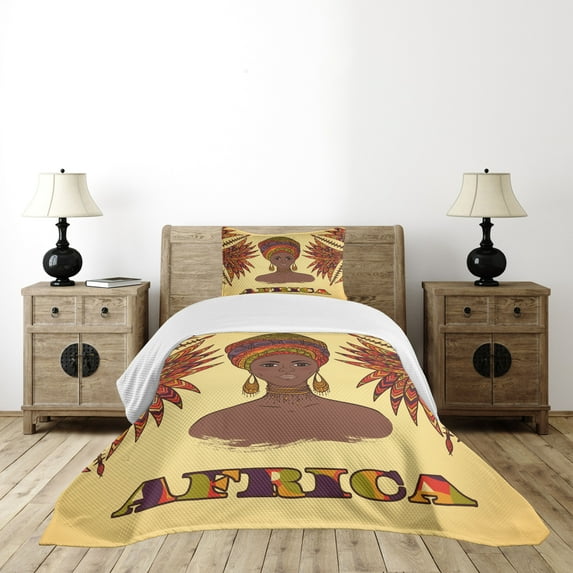 Ambesonne African Quilted Bedspread Set 2 Pcs, Turban Palms Cultural, Twin Size, Multicolor