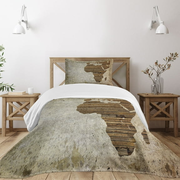 Ambesonne African Quilted Bedspread Set 2 Pcs, Wooden Plank Map, Twin Size, Tan Umber and Brown