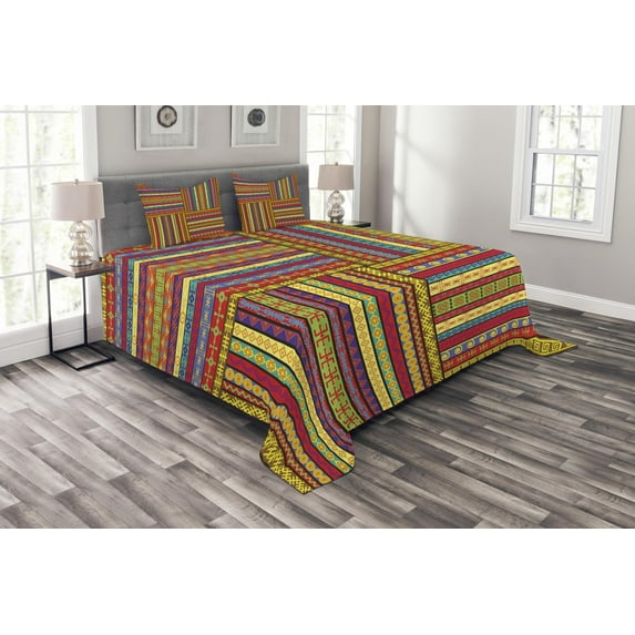 Ambesonne African Quilted Bedspread Set 3 Pcs, Art Borders, King Size, Multicolor