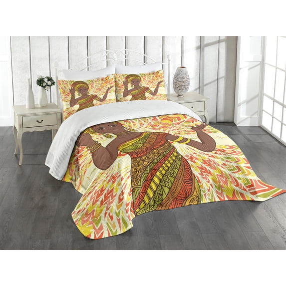 Ambesonne African Quilted Bedspread Set 3 Pcs, Dancing Woman Hand Drawing, King Size, Green Red Yellow