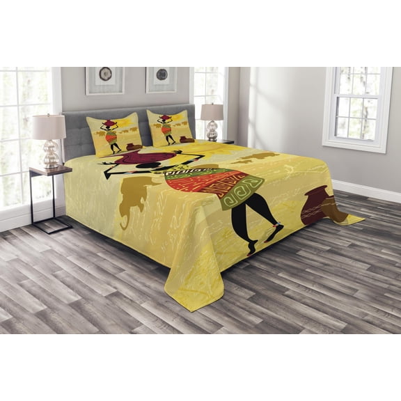 Ambesonne African Quilted Bedspread Set 3 Pcs, Elephants Sun Art, Queen Size, Multicolor