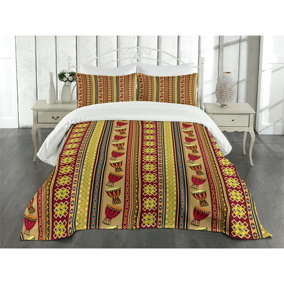 Ambesonne African Quilted Bedspread Set 3 Pcs, Ethnic Musical Instrument, King Size, Multicolor