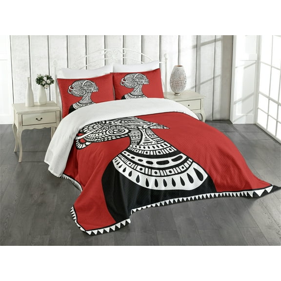 Ambesonne African Quilted Bedspread Set 3 Pcs, Ethno, Queen Size, Ruby Black White