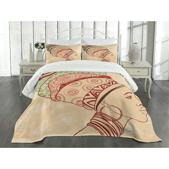Ambesonne African Quilted Bedspread Set 3 Pcs, Female Turban, King Size, Peach Red Teal