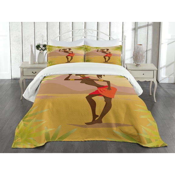 Ambesonne African Quilted Bedspread Set 3 Pcs, Girl in the Woodland Trees, King Size, Multicolor