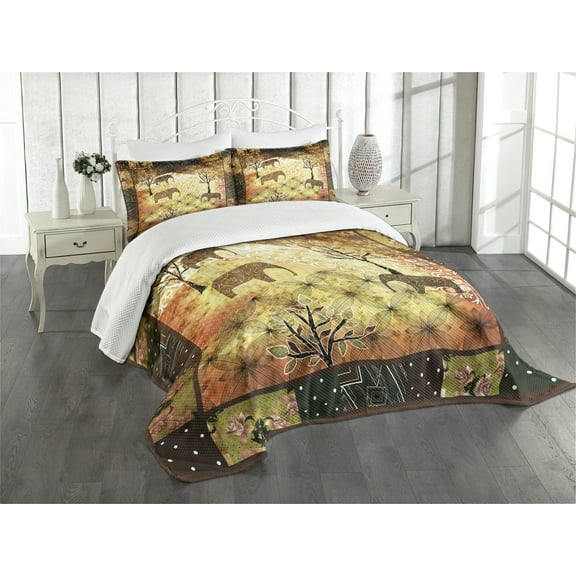 Ambesonne African Quilted Bedspread Set 3 Pcs, Grunge Elephants Roses, Queen Size, Multicolor