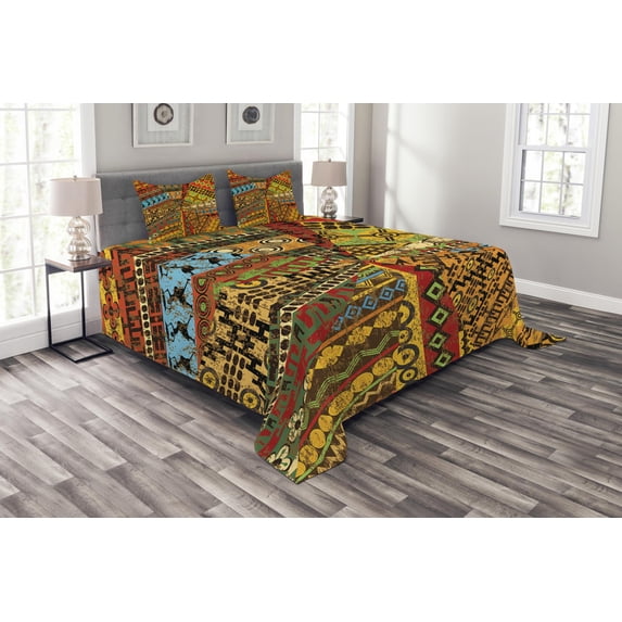 Ambesonne African Quilted Bedspread Set 3 Pcs, Grunge Motifs, King Size, Multicolor