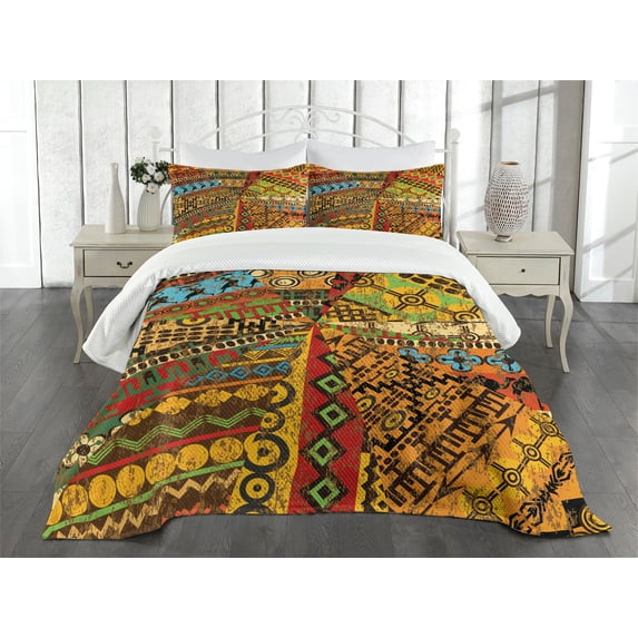 Ambesonne African Quilted Bedspread Set 3 Pcs, Grunge Motifs, Queen Size, Multicolor