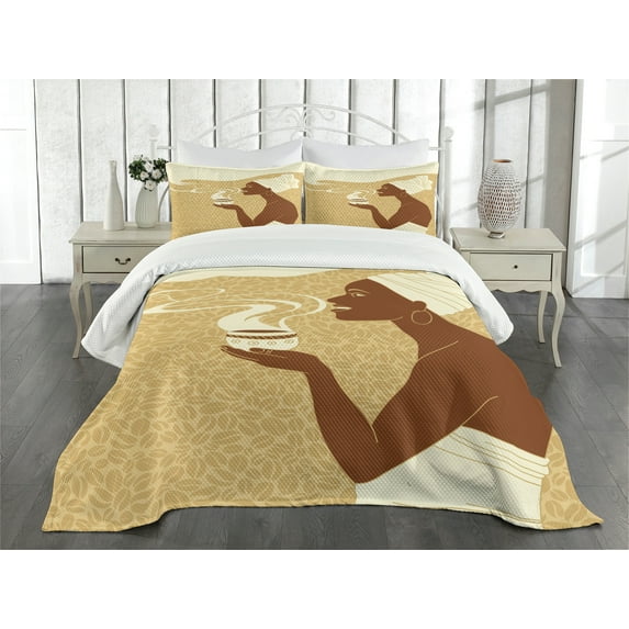 Ambesonne African Quilted Bedspread Set 3 Pcs, Happy Afro Lady, King Size, Brown Pale Brown Cream