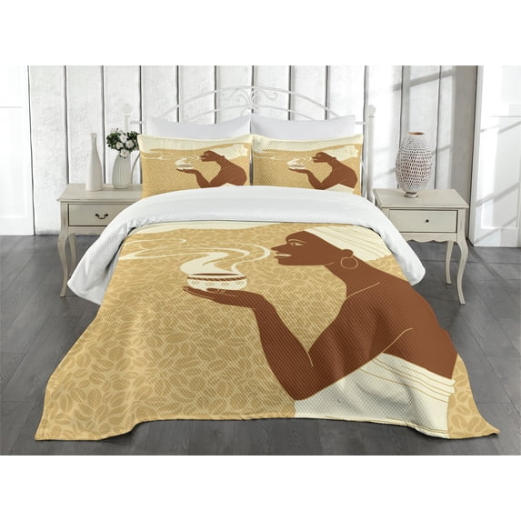 Ambesonne African Quilted Bedspread Set 3 Pcs, Happy Afro Lady, Queen Size, Brown Pale Brown Cream