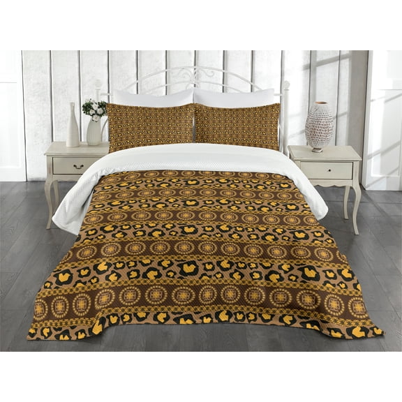 Ambesonne African Quilted Bedspread Set 3 Pcs, Leopard Skin Ornaments, King Size, Umber Brown Marigold