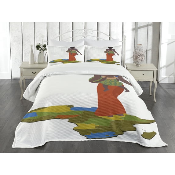 Ambesonne African Quilted Bedspread Set 3 Pcs, Mother Map, King Size, Multicolor