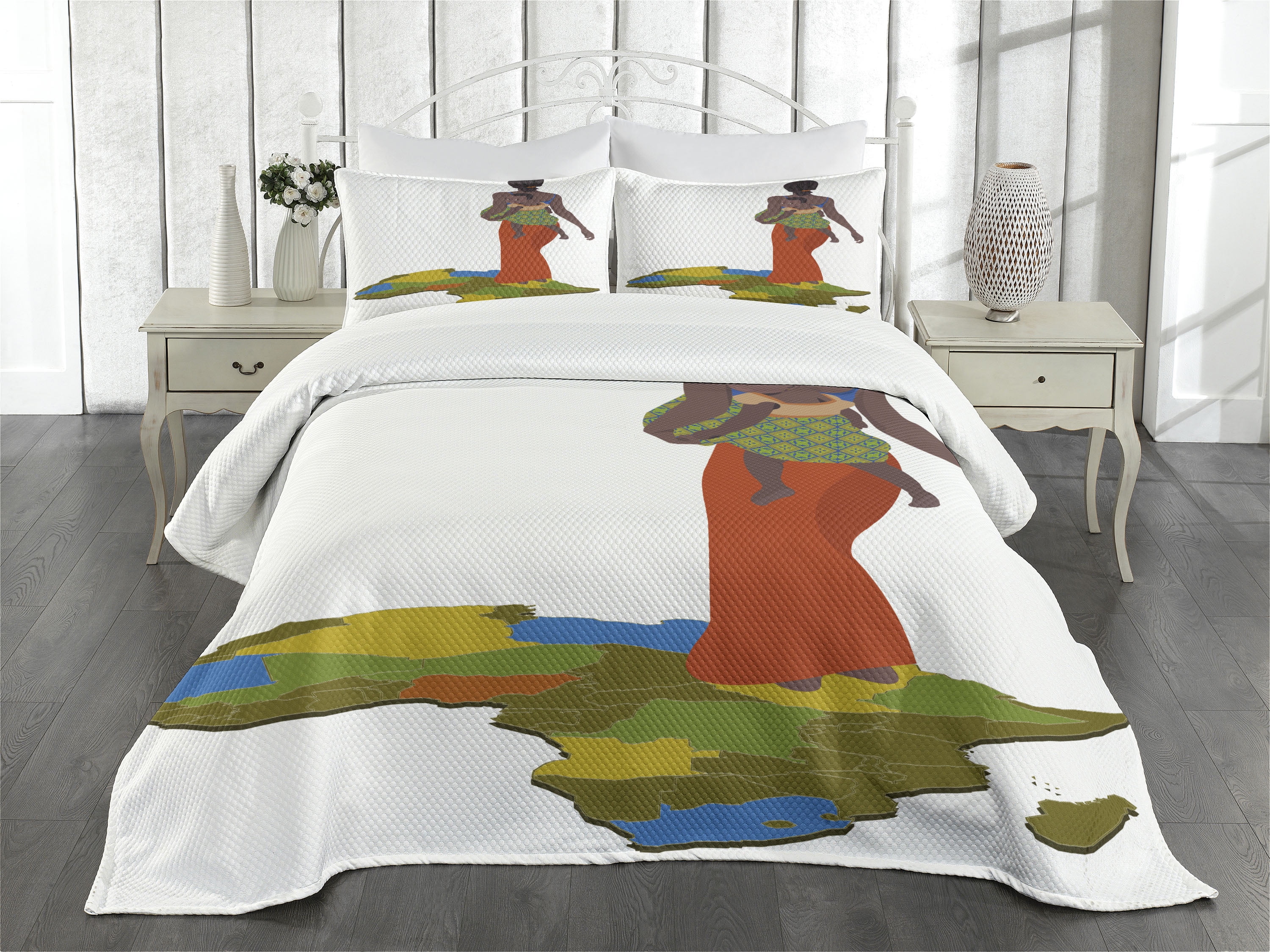 White Quilted Queen Bedspread Set with African Print