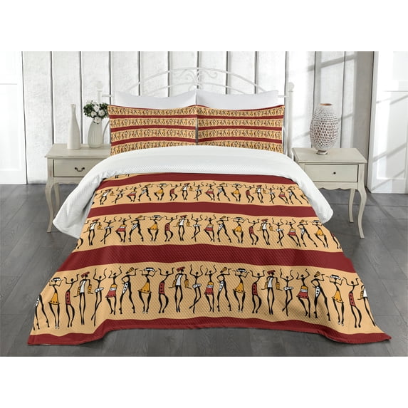 Ambesonne African Quilted Bedspread Set 3 Pcs, Native Culture, Queen Size, Ruby Peach Black