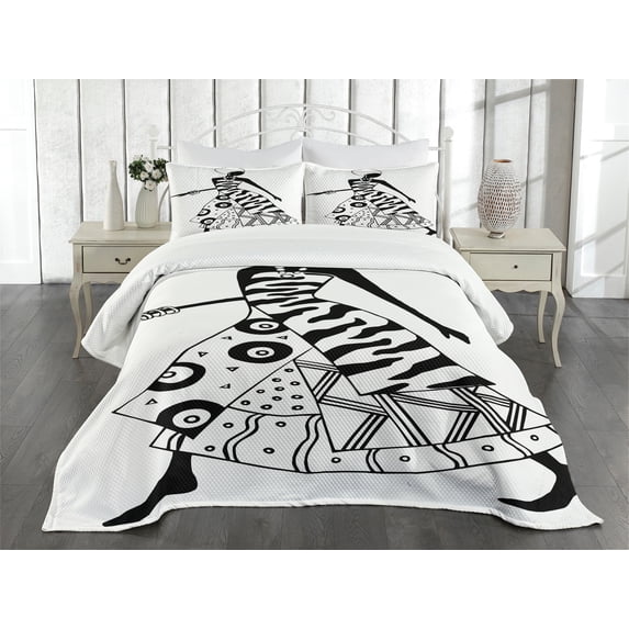 Ambesonne African Quilted Bedspread Set 3 Pcs, Native Tribal, King Size, Black and White