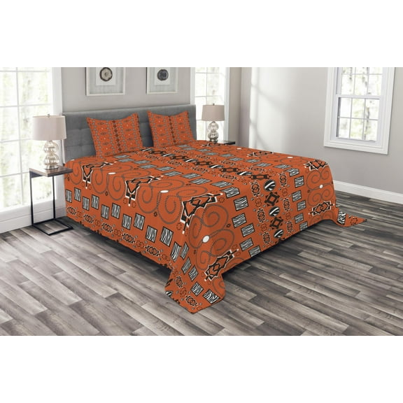 Ambesonne African Quilted Bedspread Set 3 Pcs, Ornaments, King Size, Orange Black White