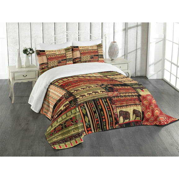 Ambesonne African Quilted Bedspread Set 3 Pcs, Patchwork Style, King Size, Red Green Black