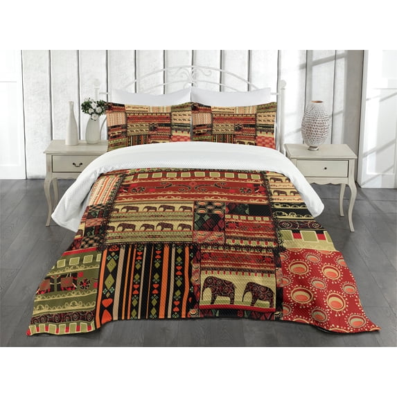 Ambesonne African Quilted Bedspread Set 3 Pcs, Patchwork Style, Queen Size, Red Green Black