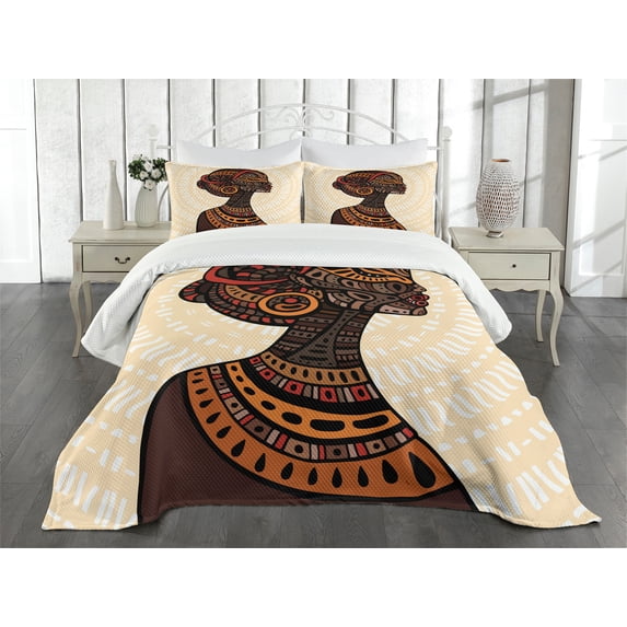 Ambesonne African Quilted Bedspread Set 3 Pcs, Portrait Folk Art, Queen Size, Multicolor