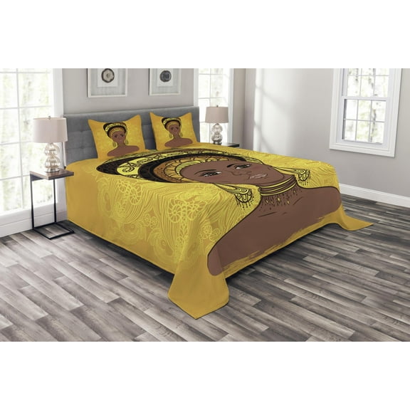 Ambesonne African Quilted Bedspread Set 3 Pcs, Portrait, Queen Size, Yellow Brown Cocoa