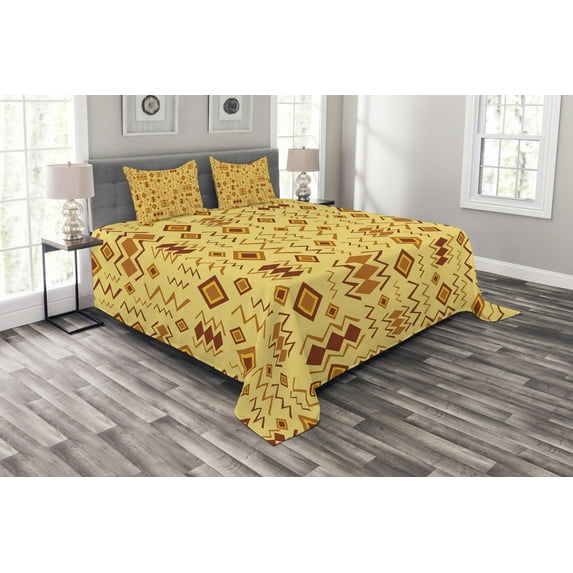 Ambesonne African Quilted Bedspread Set 3 Pcs, Quirky Art Forms, Queen Size, Sand Brown Ginger
