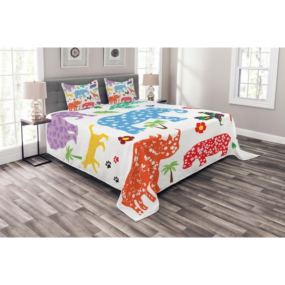 Ambesonne African Quilted Bedspread Set 3 Pcs, Wild Animals Floral, Queen Size, Multi