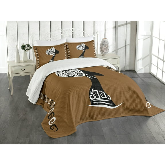 Ambesonne African Quilted Bedspread Set 3 Pcs, Woman in Culture Clothes, Queen Size, Brown White Black