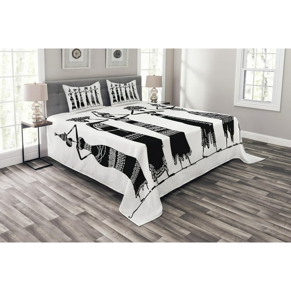 Ambesonne African Quilted Bedspread Set 3 Pcs, Women Jugs Dress, Queen Size, Black and White