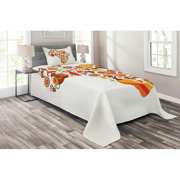 Ambesonne African Quilted Coverlet 2 Pcs, Map, Twin Size, Orange Brown