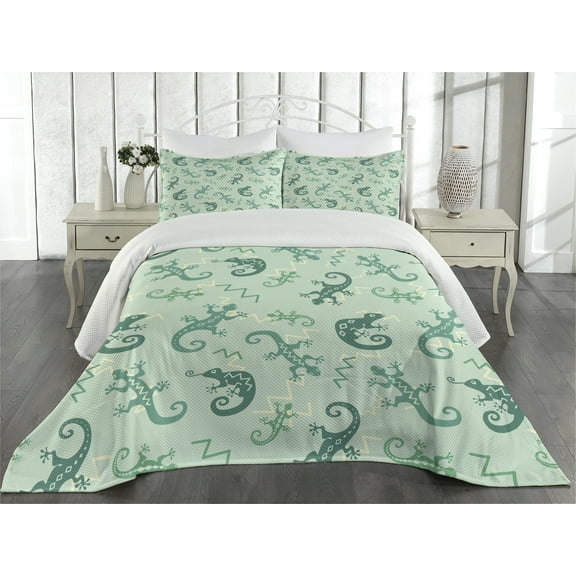 Ambesonne African Quilted Coverlet 3 Pcs, Exotic Lizard Reptile, Queen Size, Green Mint