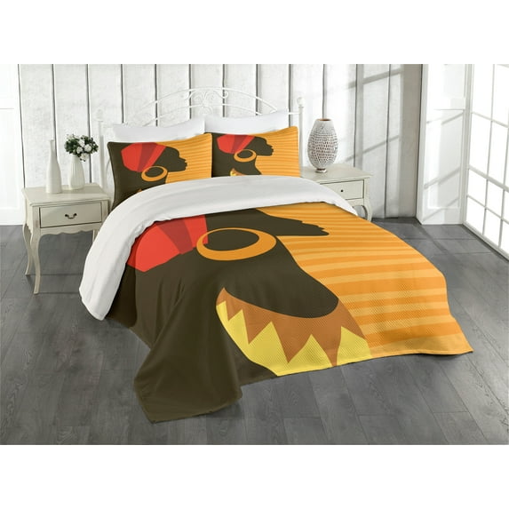 Ambesonne African Quilted Coverlet 3 Pcs, Lady Silhouette Pop Lines, Queen Size, Dark Brown Marigold