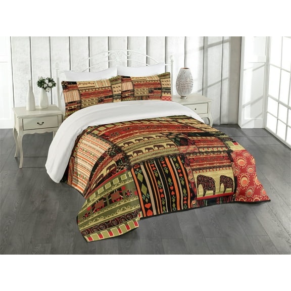 Ambesonne African Quilted Coverlet 3 Pcs, Patchwork Style, King Size, Red Green Black