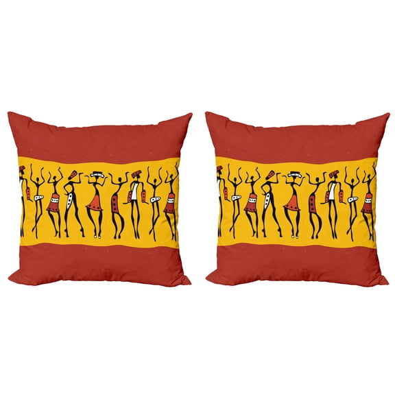 Ambesonne African Throw Pillow Cover 2 Pack, Dancing People, 16", Dark Orange Yellow Black