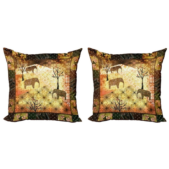 Ambesonne African Throw Pillow Cover 2 Pack, Grunge Elephants Roses, 20", Multicolor