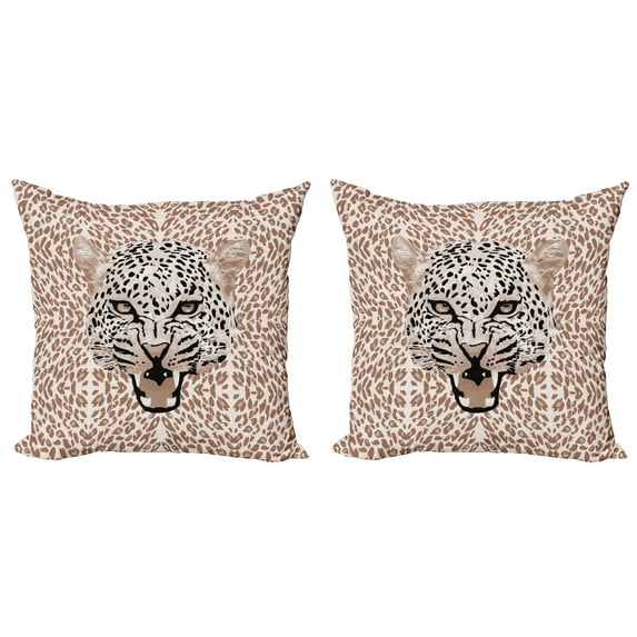 Ambesonne African Throw Pillow Cover 2 Pack, Roaring Wild Leopard, 18", Cocoa Beige Black
