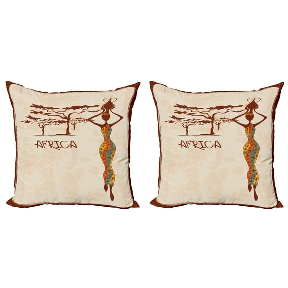 Ambesonne African Throw Pillow Cover 2 Pack, Slim Vintage Girl, 18", Multicolor