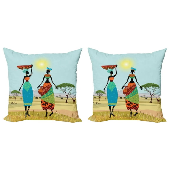 Ambesonne African Throw Pillow Cover 2 Pack, Traditional Lady in Meadow, 18", Multicolor