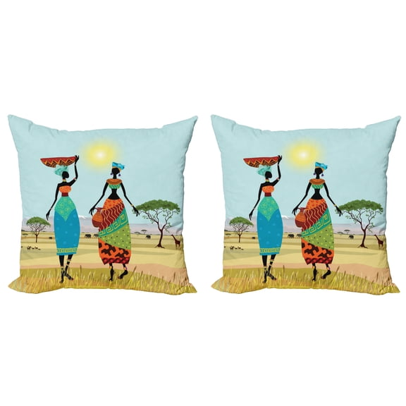 Ambesonne African Throw Pillow Cover 2 Pack, Traditional Lady in Meadow, 24", Multicolor