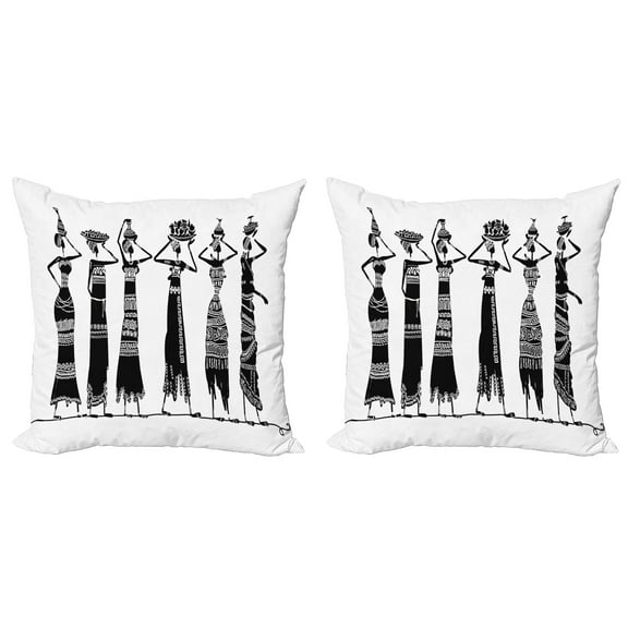 Ambesonne African Throw Pillow Cover 2 Pack, Women Jugs Dress, 16", Black and White