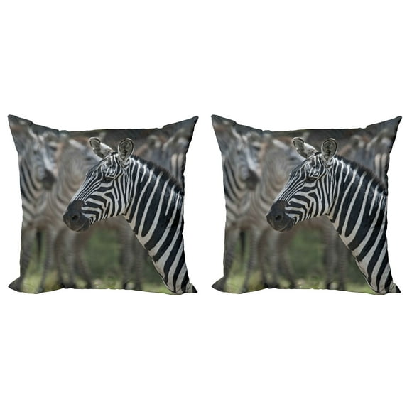 Ambesonne African Throw Pillow Cover 2 Pack, Zebra in Serengati Park, 16", Reseda Green White Black
