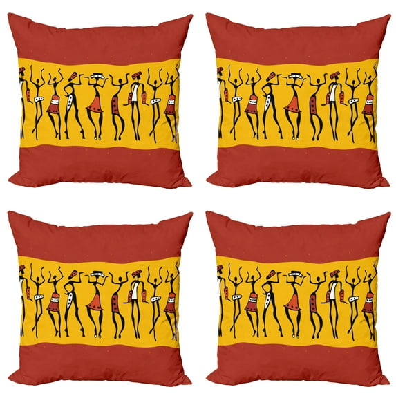 Ambesonne African Throw Pillow Cover 4 Pack, Dancing People, 16", Dark Orange Yellow Black