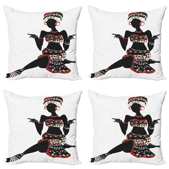 Ambesonne African Throw Pillow Cover 4 Pack, Dress Lady, 24", Charcoal Grey Vermilion