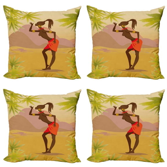 Ambesonne African Throw Pillow Cover 4 Pack, Girl in the Woodland Trees, 16", Multicolor