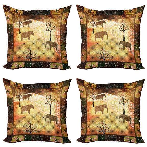 Ambesonne African Throw Pillow Cover 4 Pack, Grunge Elephants Roses, 18", Multicolor