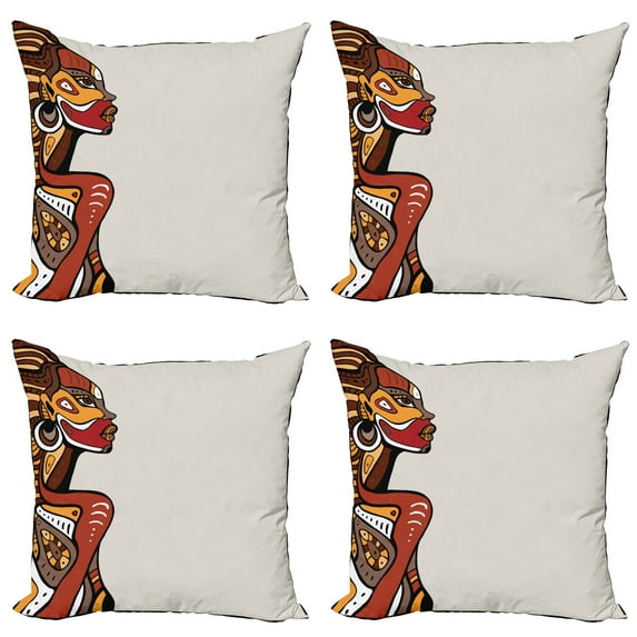 Ambesonne African Throw Pillow Cover 4 Pack, Hand Drawn Woman Art, 18", Multicolor