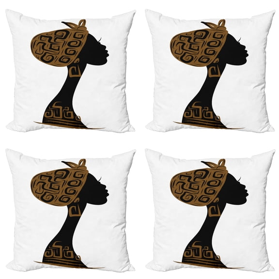 Ambesonne African Throw Pillow Cover 4 Pack, Headscarf Profile, 18", Brown Black White