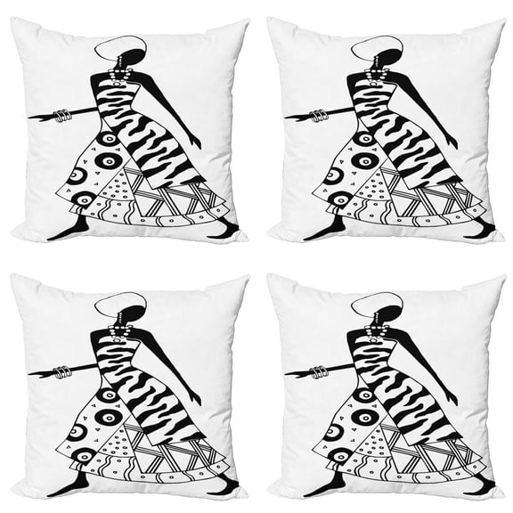 Ambesonne African Throw Pillow Cover 4 Pack, Native Tribal, 20", Black and White