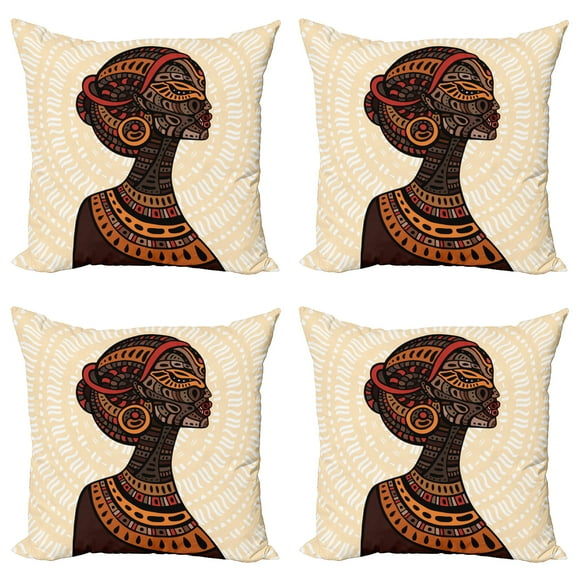Ambesonne African Throw Pillow Cover 4 Pack, Portrait Folk Art, 24", Multicolor
