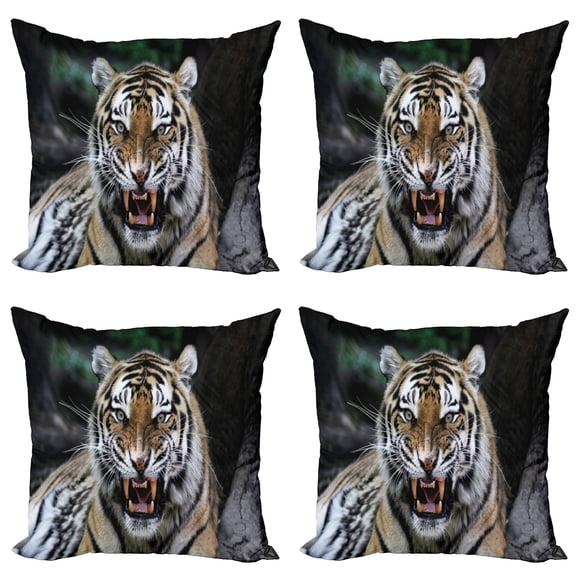 Ambesonne African Throw Pillow Cover 4 Pack, Roaring Tiger Wildlife, 16", Multicolor